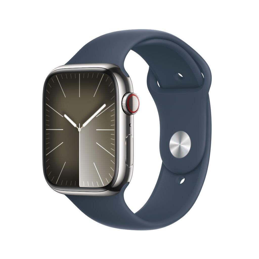 Srebrny Apple Watch z granatowym paskiem. Czarny ekran z godziną, srebrna tarcza.