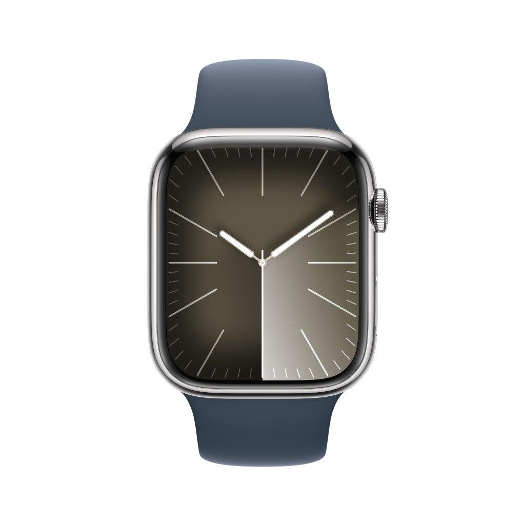 Apple Watch z niebieskim paskiem, srebrną kopertą. Tarcza zegarka pokazuje gradient z białymi liniami.