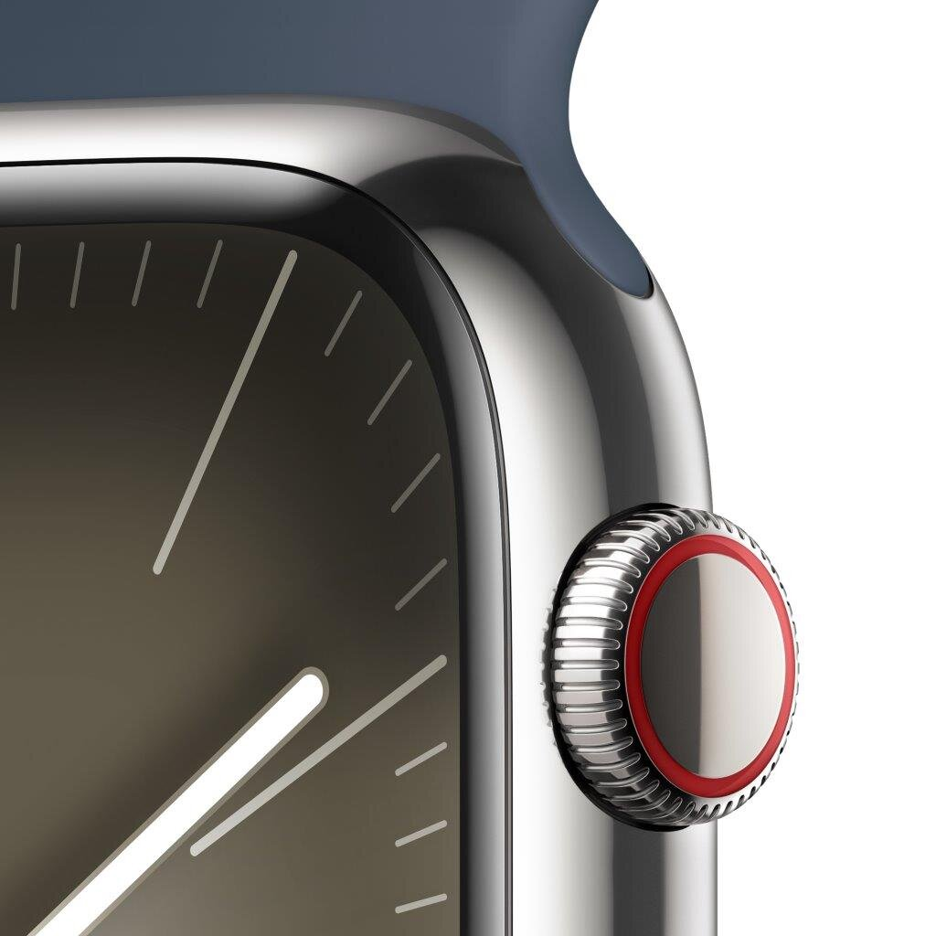 Zbliżenie Apple Watch, pokazujące cyfrową koronkę z czerwonym pierścieniem i niebieskim paskiem.