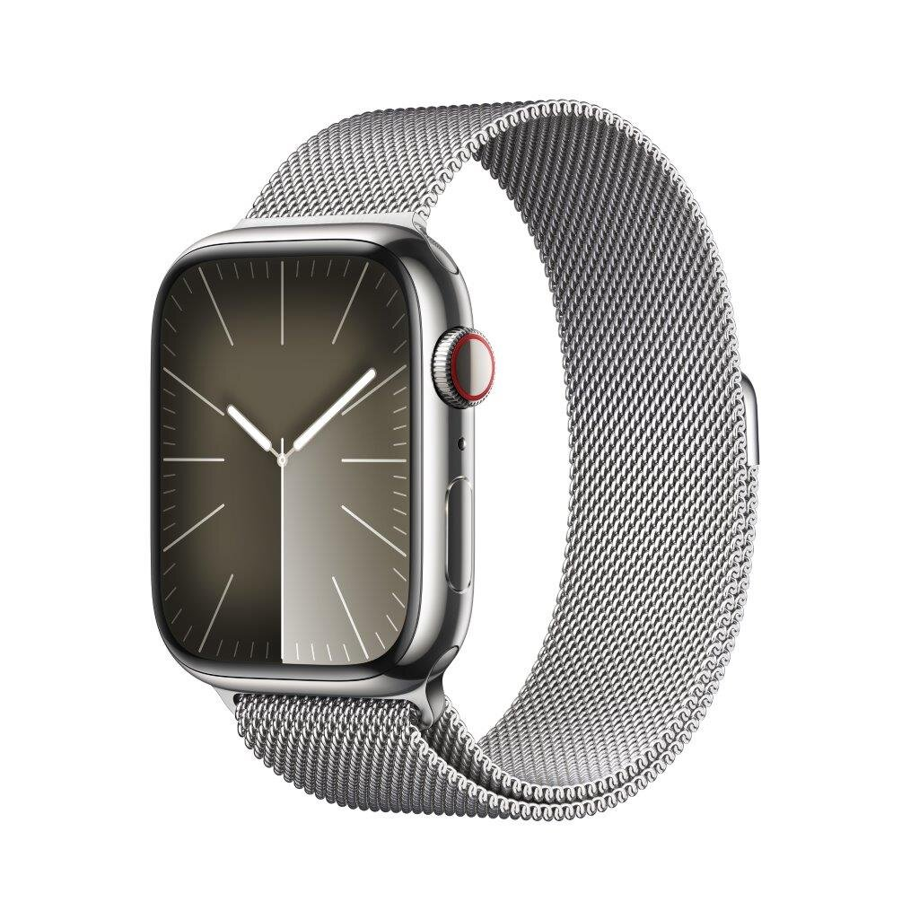 Srebrny Apple Watch ze srebrnym paskiem z siatki, pokazujący godzinę. Białe tło.