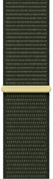 Nahaufnahme eines dunkelgrünen Apple Watch-Armbands. Das Band ist strukturiert und hat einen Verbinder.
