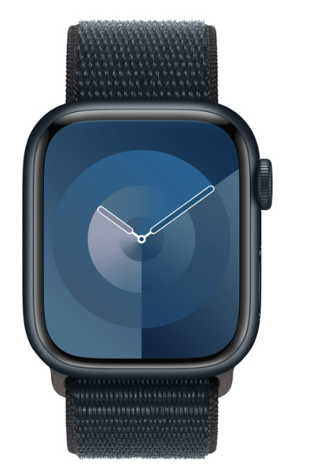Nahaufnahme einer Apple Watch mit blauem Zifferblatt und Armband, isoliert auf Weiß.