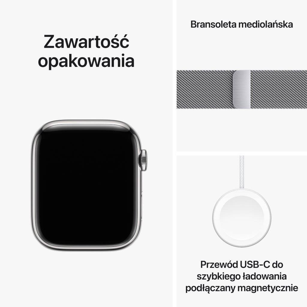 Czarny Apple Watch, pasek i ładowarka. Tekst po polsku.