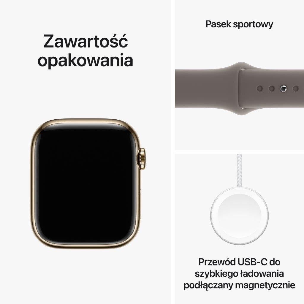 Złoty Apple Watch z dołączonym paskiem Sport Loop i kablem ładującym USB-C.