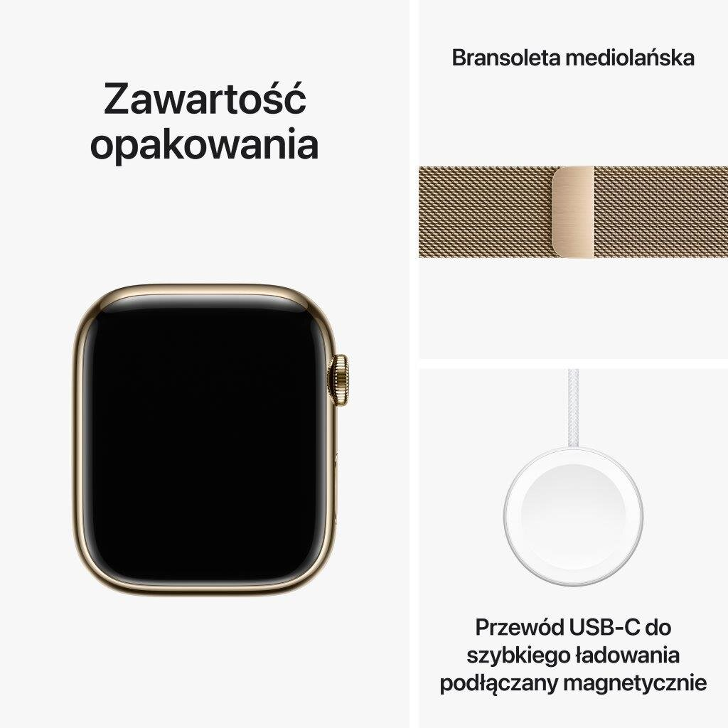 Smartwatch APPLE Watch Series 9 GPS + Cellular Koperta 45mm ze stali nierdzewnej w kolorze złotym z bransoletą mediolańską w kolorze złotym MRMU