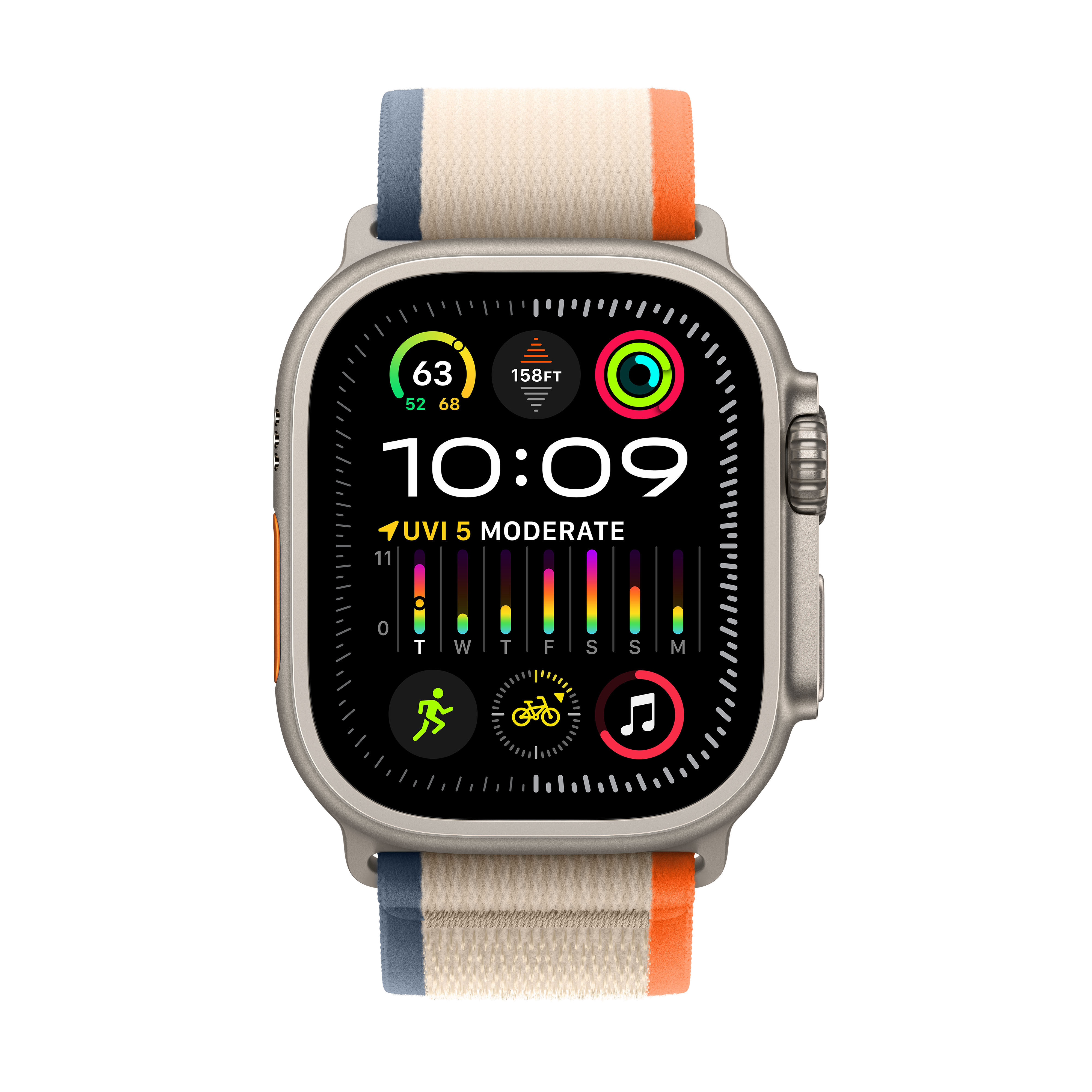 APPLE Ultra 2 (GPS + Cellular, Titane) 49 mm  - Smartwatch (S/M 130-180 mm, Tissu Nylon (Carbon Neutral), Titane Naturel/Orange/Beige)