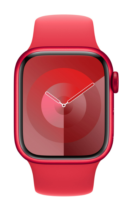 Rote Apple Watch mit rotem Armband, zeigt rotes Zifferblatt mit Verlauf.