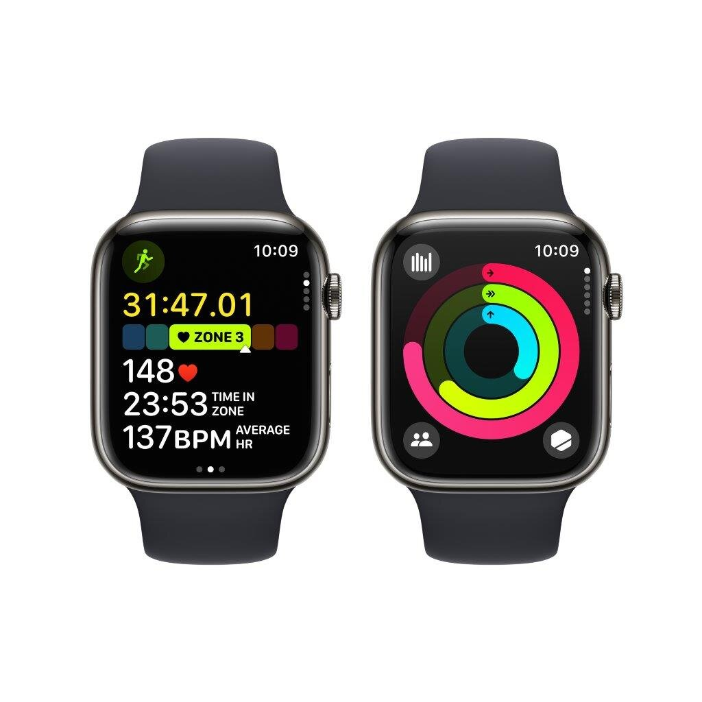 Smartwatch APPLE Watch Series 9 GPS + Cellular Koperta 45mm ze stali nierdzewnej w kolorze mocnego grafitu z paskiem sportowym S/M w kolorze
