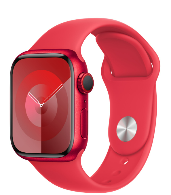 Eine rote Smartwatch mit rotem Armband und rotem Ladekabel.