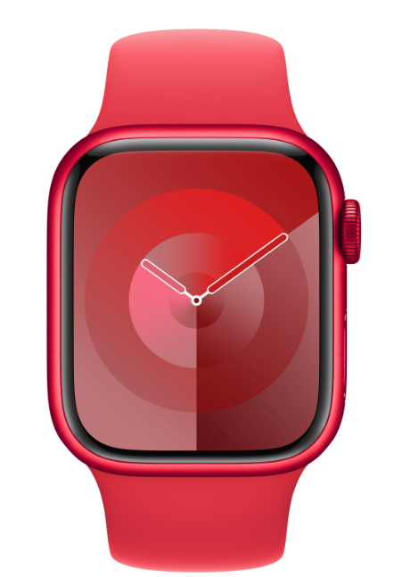 Rote Smartwatch mit rotem Armband. Das Zifferblatt zeigt ein rotes Kreismuster.