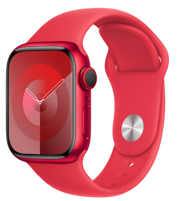 Rote Apple Watch. Der Bildschirm zeigt Zeit und Metriken an.