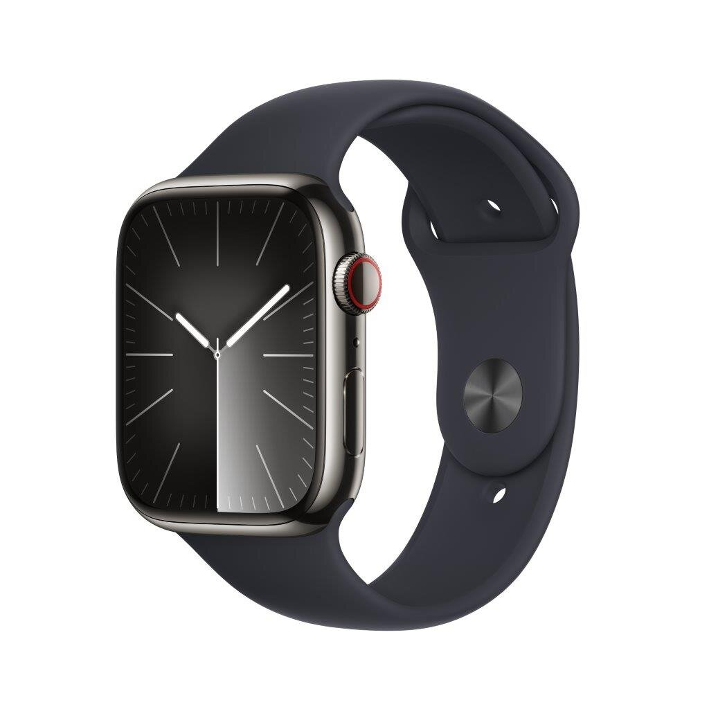Apple Watch ze stali nierdzewnej z ciemnoniebieskim paskiem. Czarna tarcza z białymi wskazówkami.
