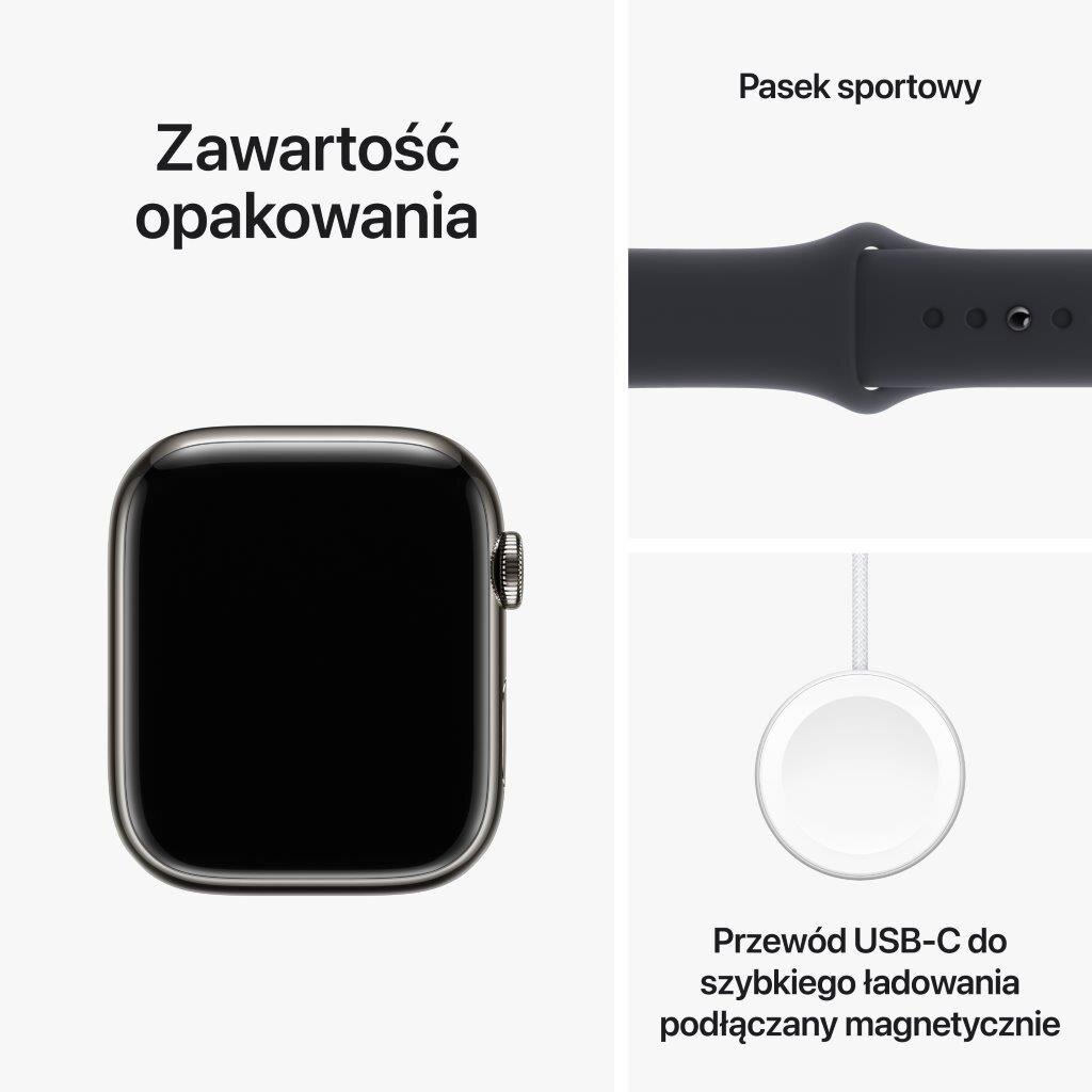 Smartwatch APPLE Watch Series 9 GPS + Cellular Koperta 45mm ze stali nierdzewnej w kolorze mocnego grafitu z paskiem sportowym M/L w kolorze