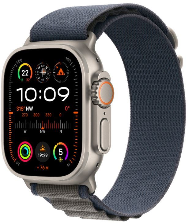 Nahaufnahme einer silbernen Smartwatch mit blauem Armband, die Zeit und Metriken anzeigt.