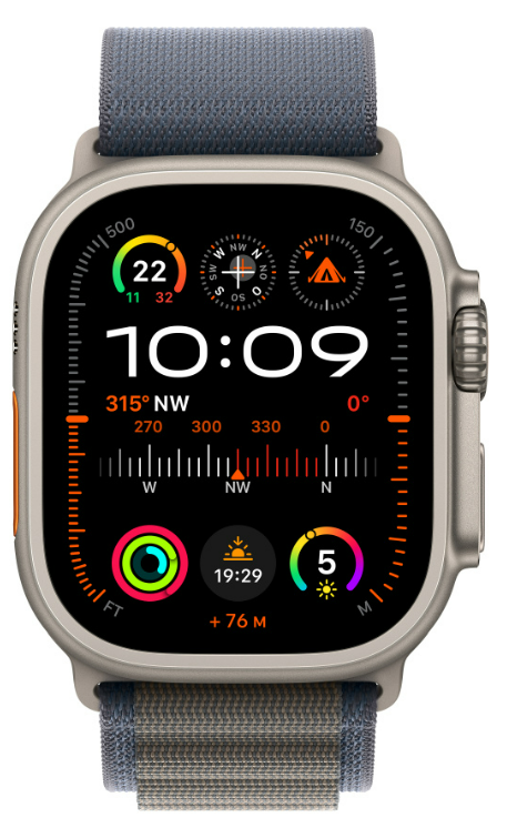 Apple Watch Ultra zeigt eine detaillierte Oberfläche mit Zeit, Kompass und Gesundheitsmetriken.