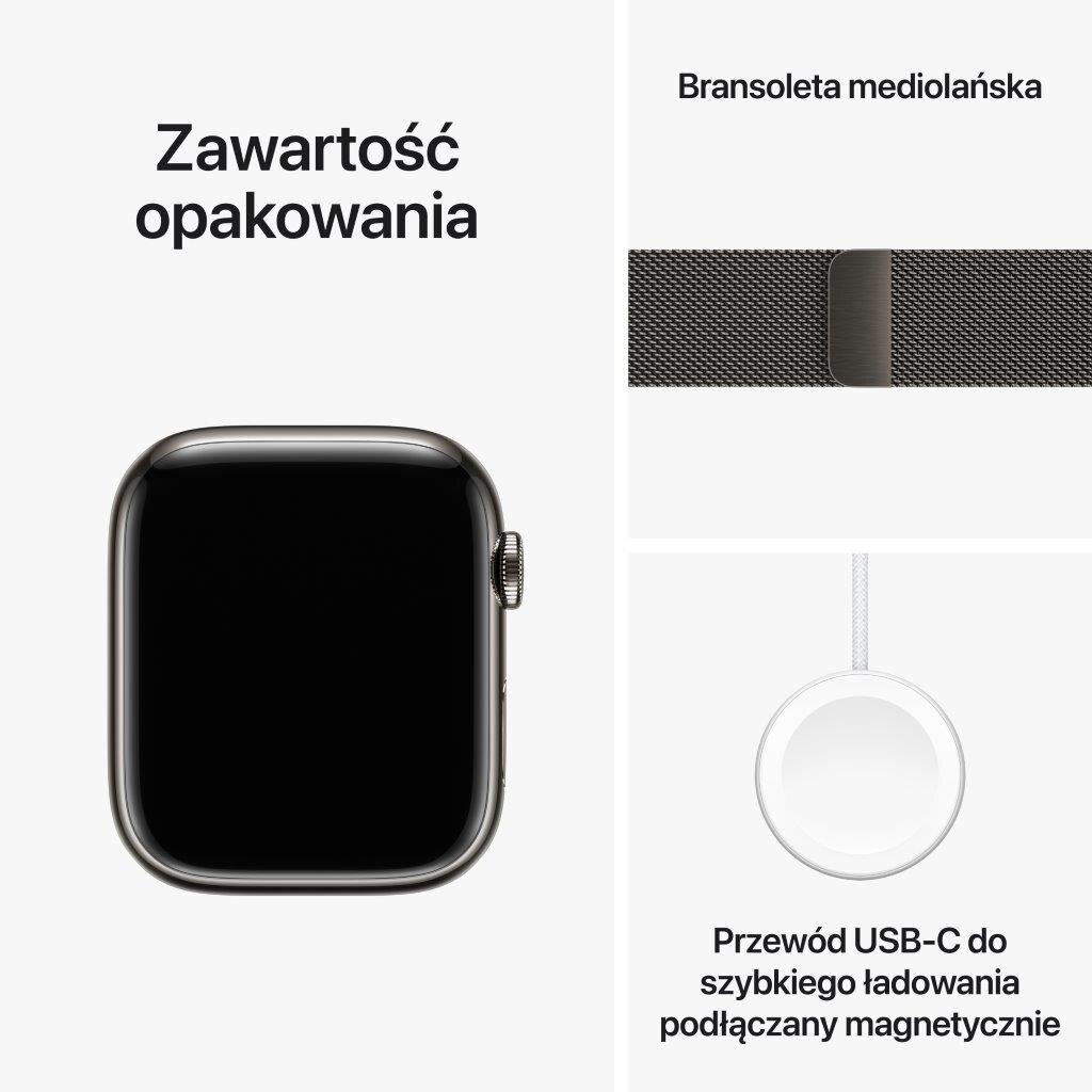 Smartwatch APPLE Watch Series 9 GPS + Cellular Koperta 45mm ze stali nierdzewnej w kolorze mocnego grafitu z bransoletą mediolańską w kolorze mo