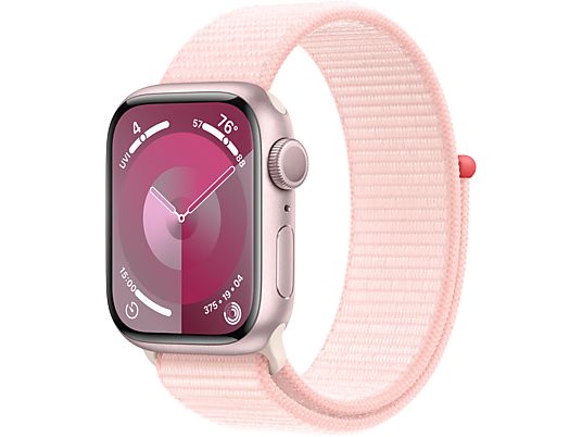 APPLE Watch Series 9 (GPS, Alu) 41 mm - Smartwatch (Réglable en continu, Textile (Carbon Neutral), Rosé/Rose clair)