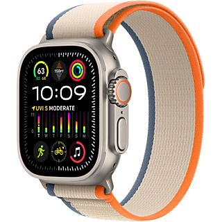 APPLE Ultra 2 (GPS + Cellular, Titan) 49 mm  - Smartwatch (M/L 145-220 mm, Tissu en nylon (neutre en carbone), Titane naturel/Orange/Beige)