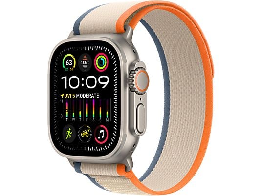 APPLE Ultra 2 (GPS + Cellular, Titane) 49 mm  - Smartwatch (M/L 145-220 mm, Tissu Nylon (Carbon Neutral), Titane Naturel/Orange/Beige)