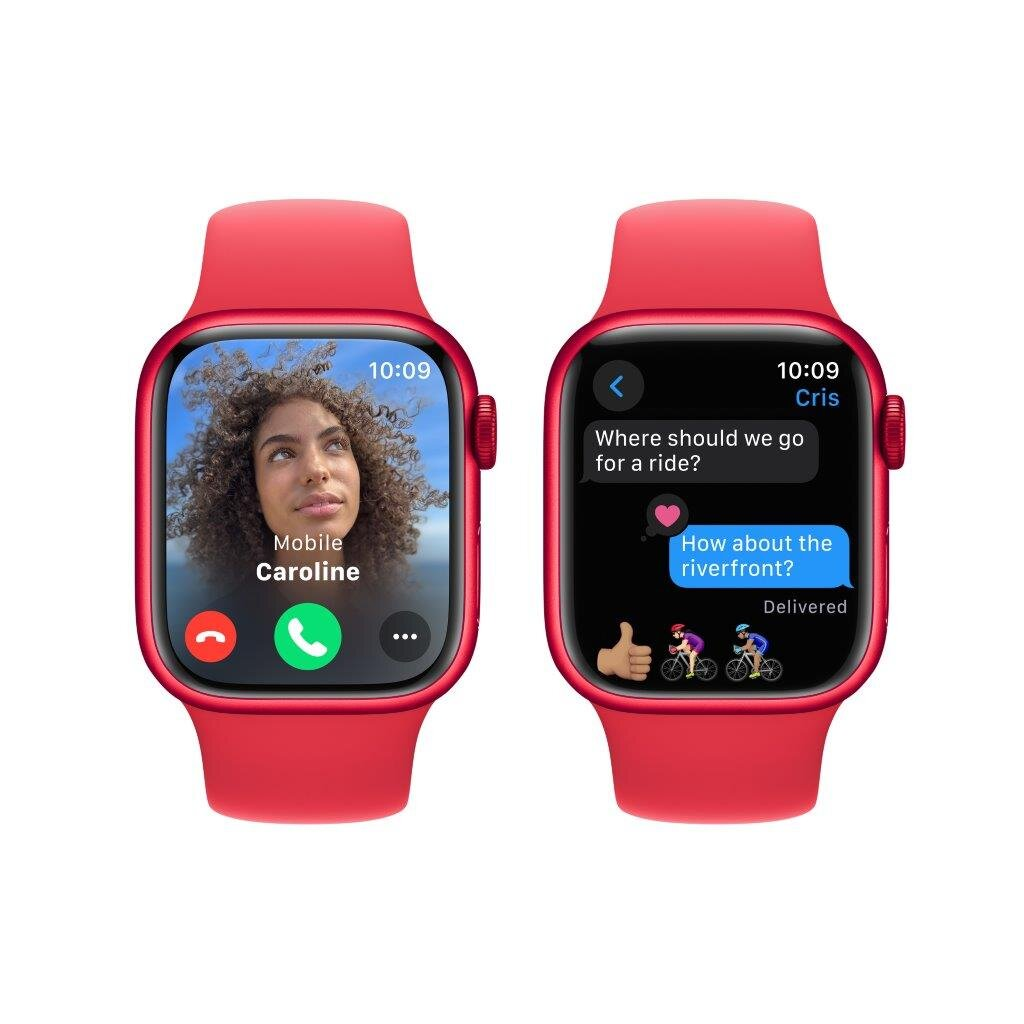 Dwa czerwone Apple Watche. Jeden pokazuje rozmowę wideo z Caroline. Drugi wyświetla konwersację tekstową o przejażdżce rowerowej.