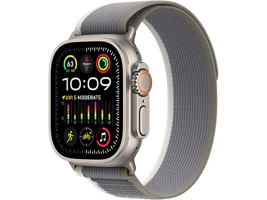 APPLE Ultra 2 (GPS + cellulare, titanio) 49 mm  - Smartwatch (S/M 130-180 mm, Tessuto in nylon (Carbon Neutral), Titanio naturale/verde/grigio)
