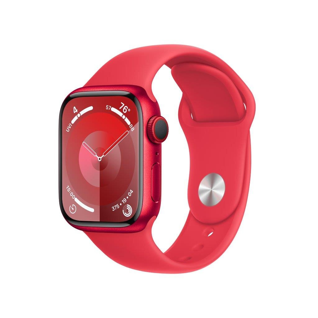 Apple Watch z czerwonym paskiem. Czerwona tarcza, czarny ekran i czerwony pasek, na białym tle.