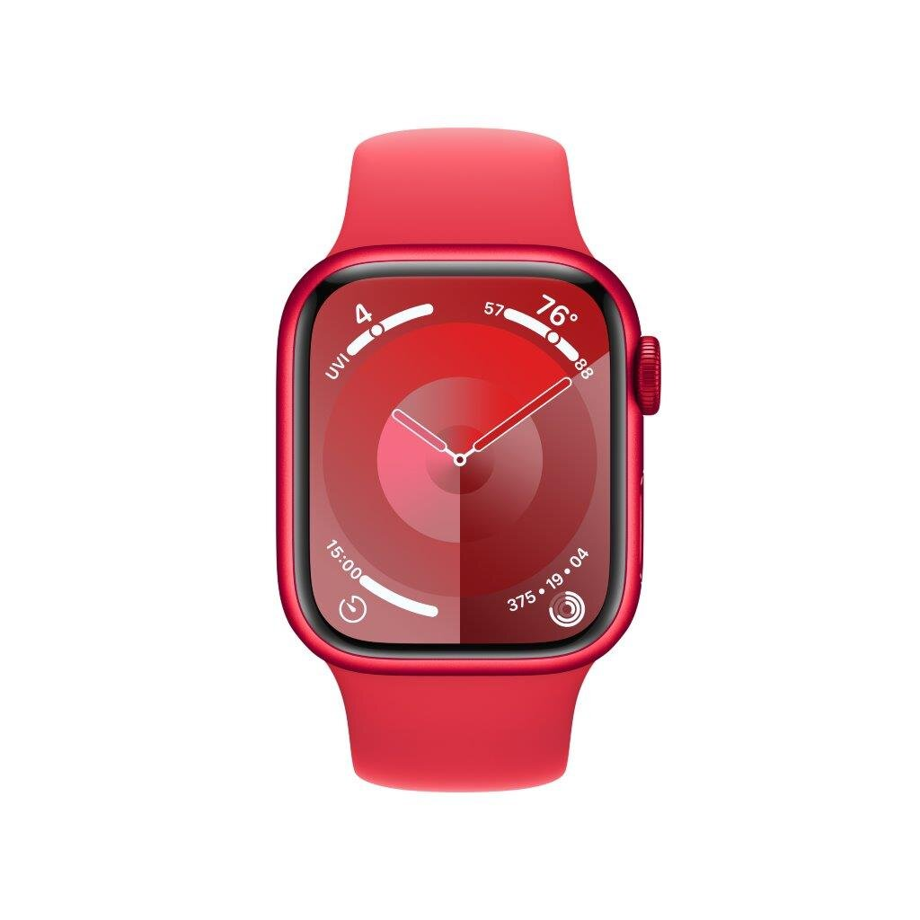 Apple Watch z czerwonym paskiem. Tarcza wyświetla godzinę, UV i inne informacje na czerwono.