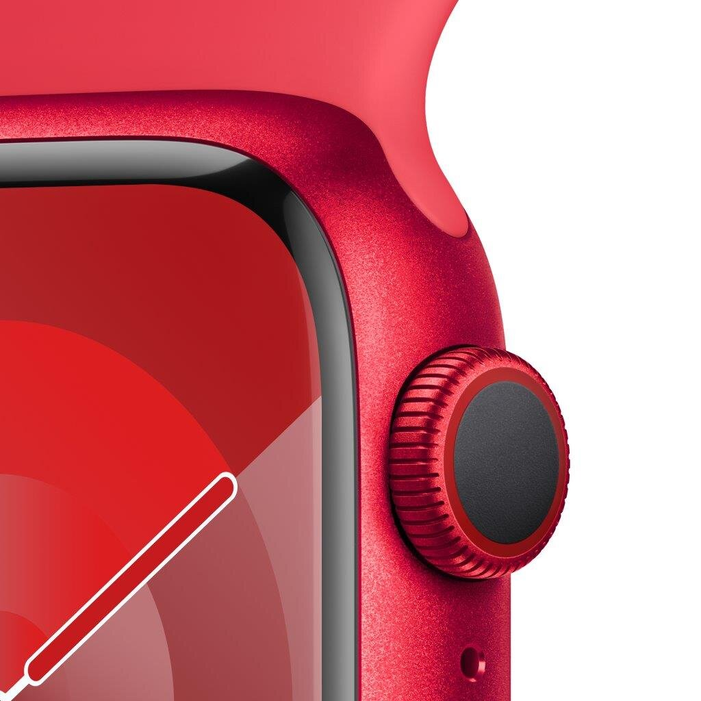Zbliżenie czerwonego Apple Watch z czerwonym przyciskiem i tarczą, odizolowane na białym tle.