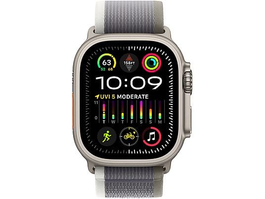 APPLE Ultra 2 (GPS + Cellular, Titan) 49 mm  - Smartwatch (S/M 130-180 mm, Tissu en nylon (neutre en carbone), Titane naturel/Vert/Gris)