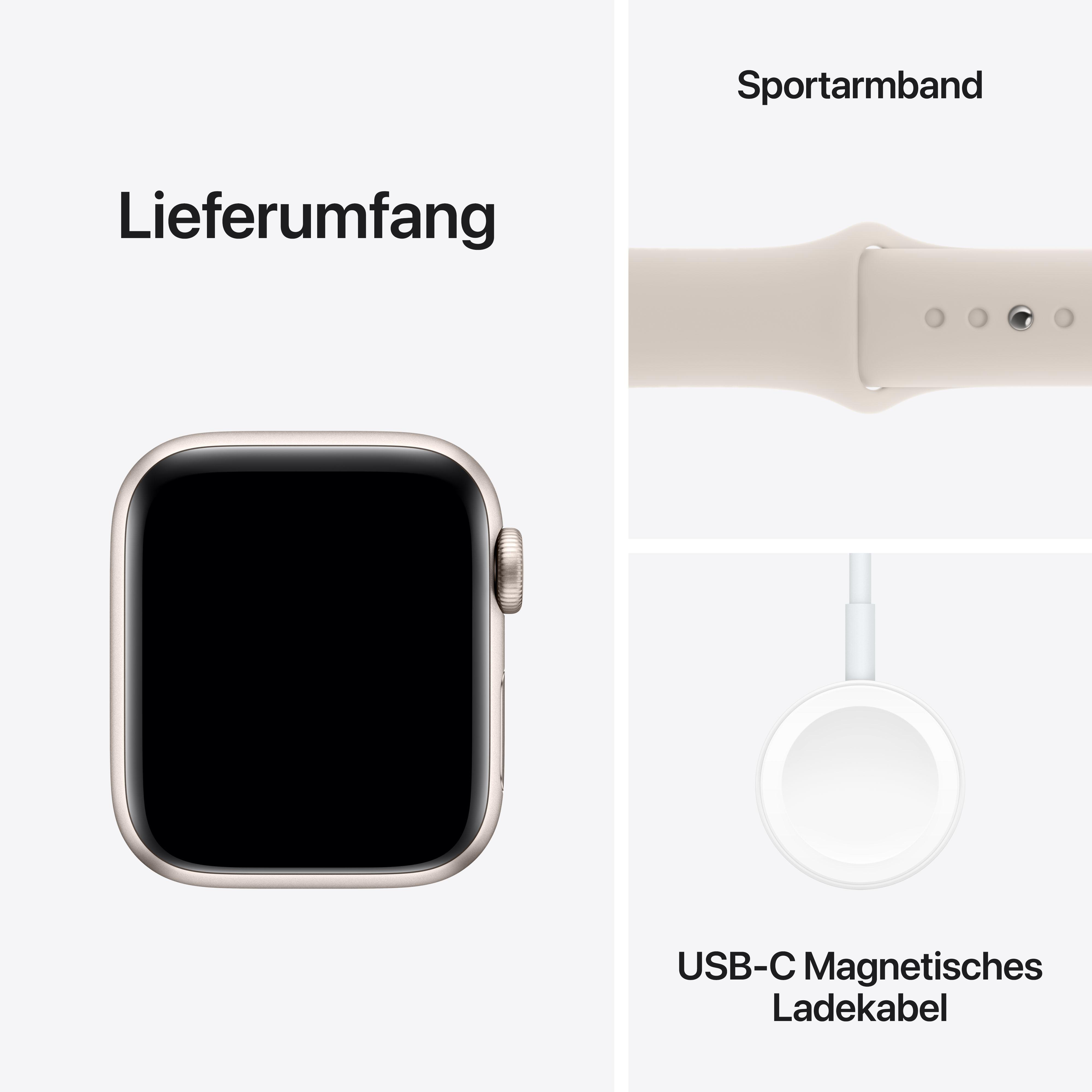 Apple Watch, weißes Band, Ladekabel und Zifferblatt. Text auf Deutsch beschreibt den Inhalt.