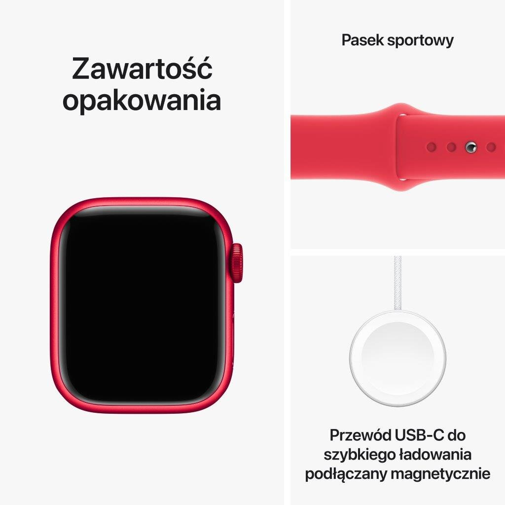 Apple Watch z czerwonym paskiem i kablem do ładowania USB-C.