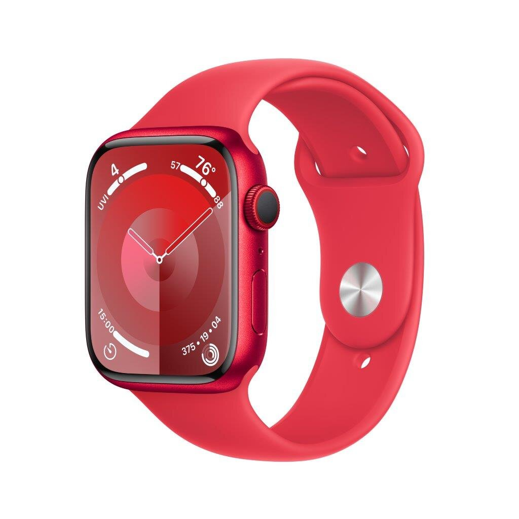 Czerwony Apple Watch z czerwonym paskiem, wyświetlający czerwony interfejs. Pasek jest na białym tle.