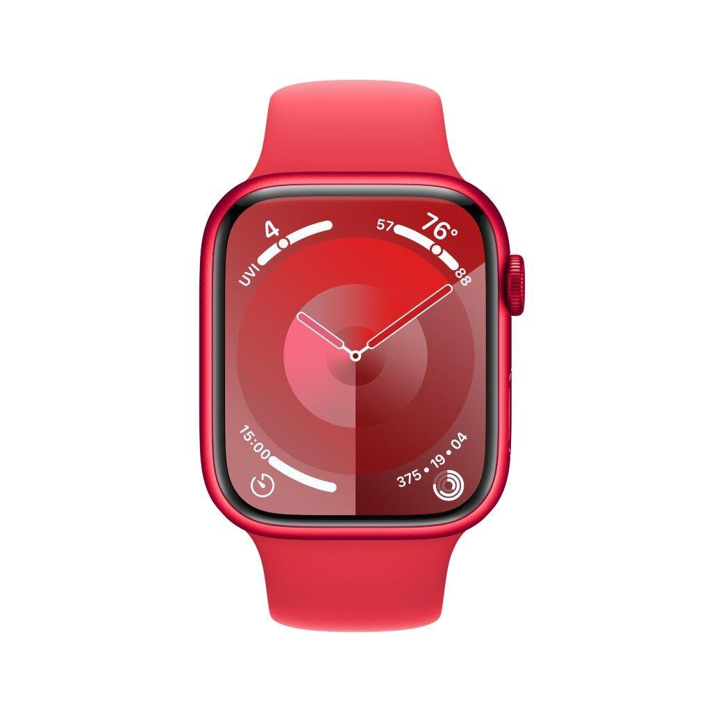 Czerwony Apple Watch z czerwonym paskiem, pokazujący czas, temperaturę i dane zdrowotne na białym tle.