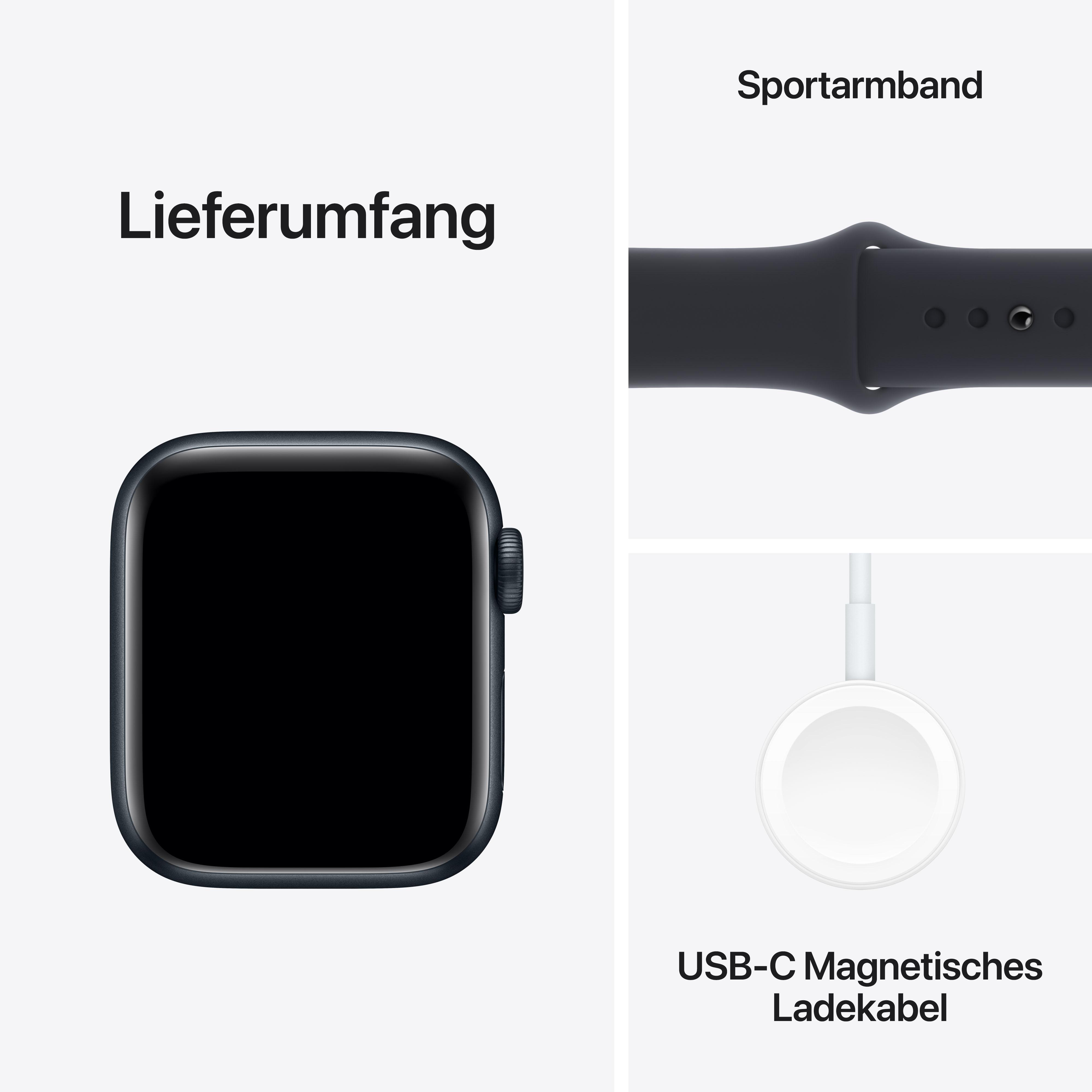 Apple Watch und Zubehör. Schwarze Uhr mit schwarzem Sportarmband und USB-C-Ladegerät. Weißer Hintergrund.