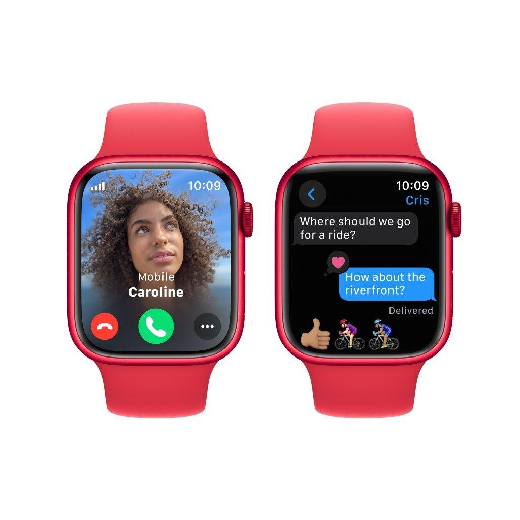 Dwa Apple Watche z czerwonymi paskami. Jeden pokazuje połączenie telefoniczne, drugi wiadomość tekstową.
