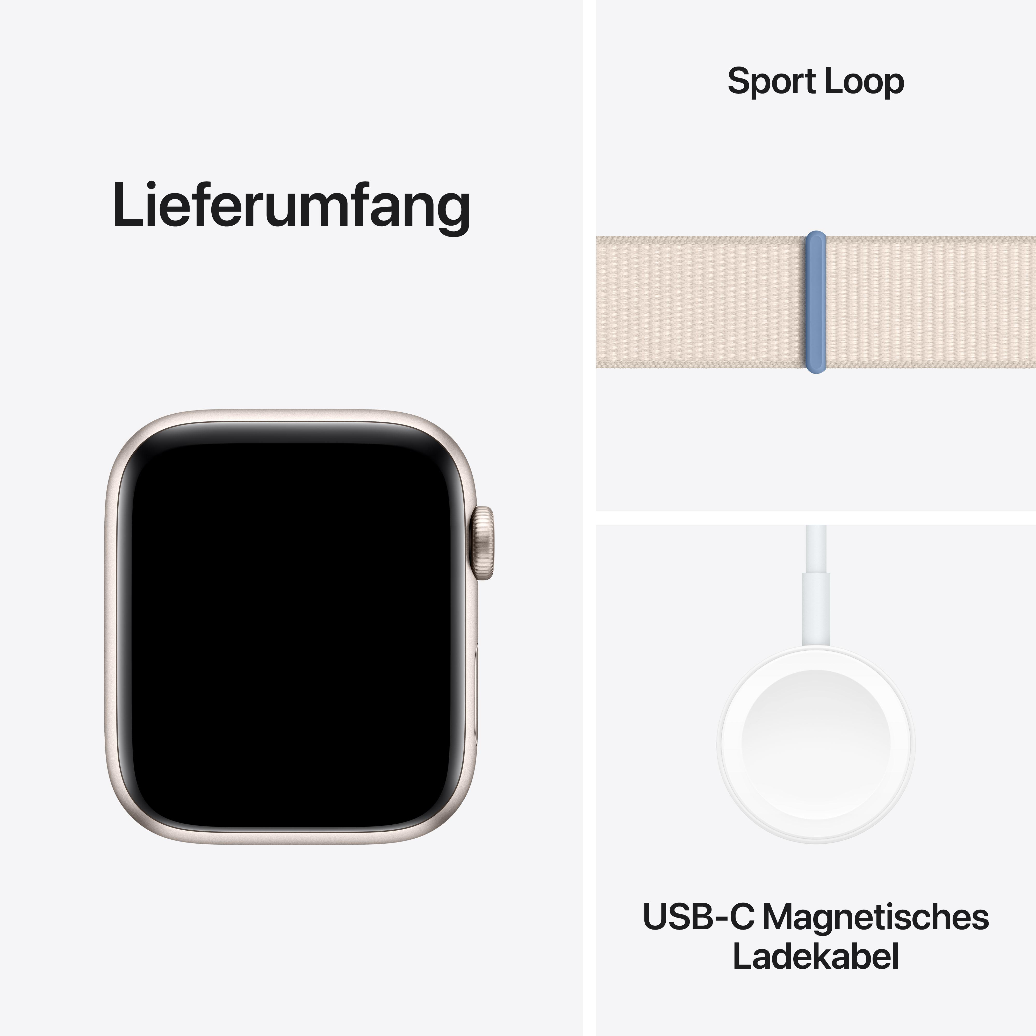 Apple Watch mit schwarzem Bildschirm, Sport Loop Armband und Ladekabel, alles auf weißem Hintergrund.