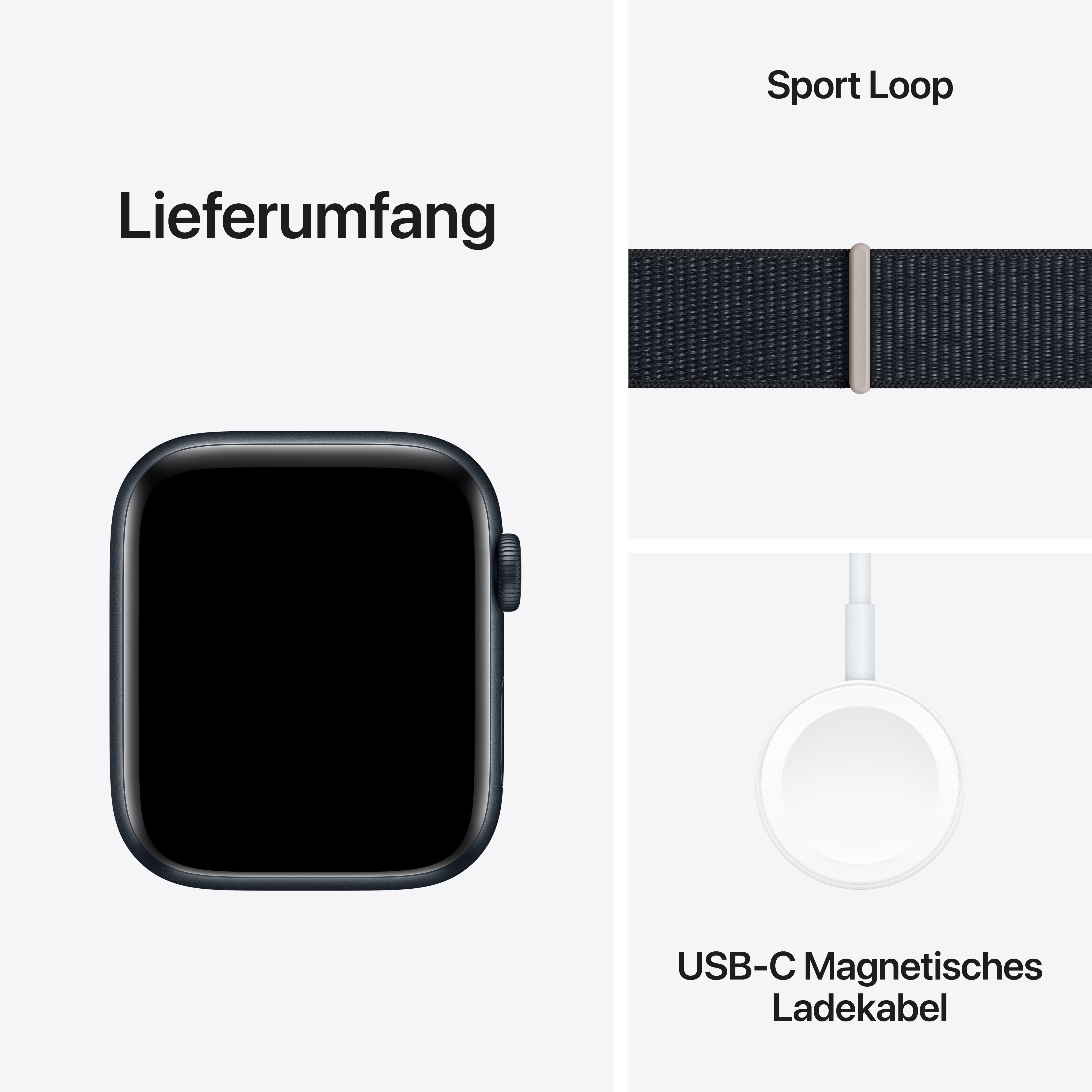 Eine Smartwatch mit schwarzem Bildschirm, Komponenten sind ein blaues Armband und ein magnetisches Ladekabel.