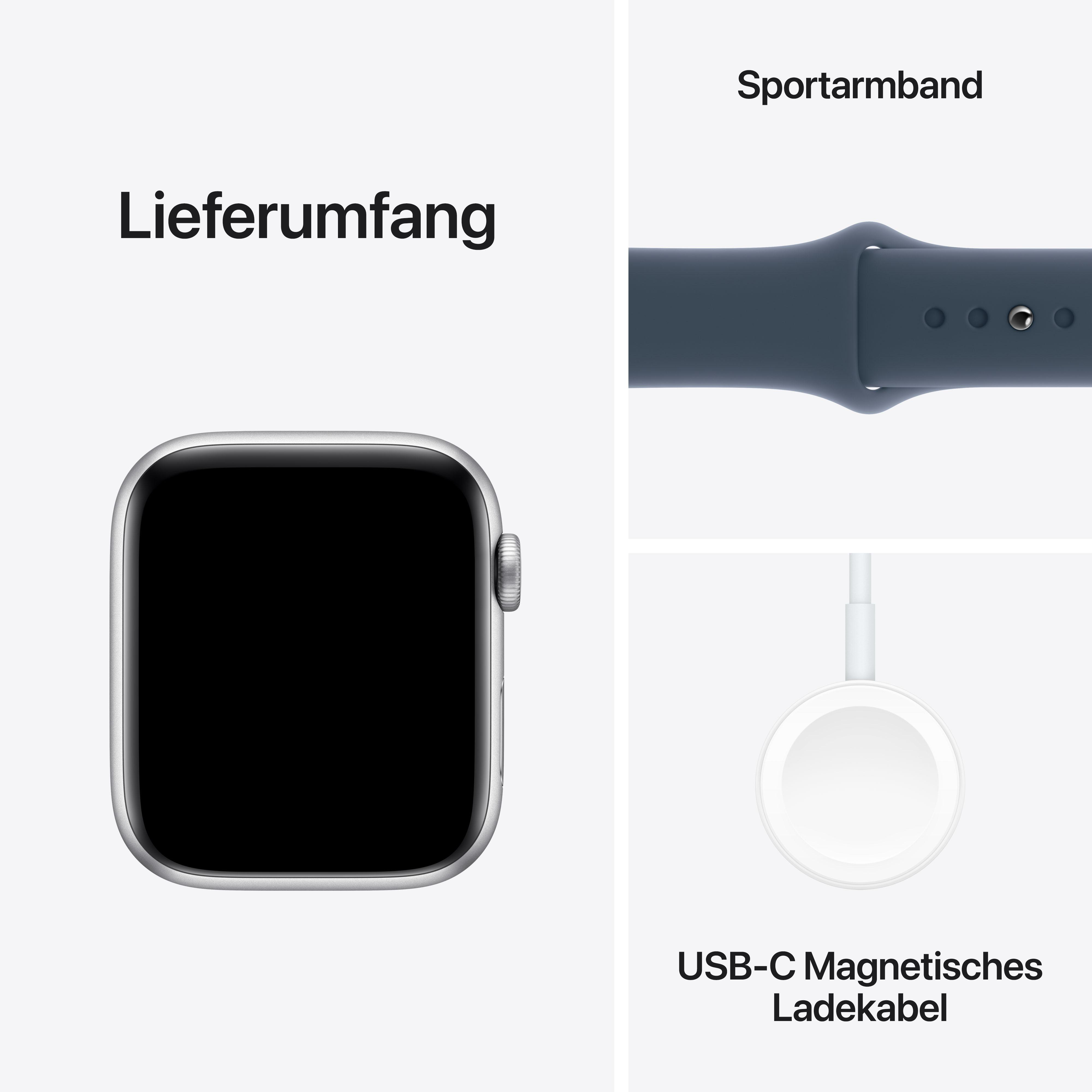 Eine Smartwatch mit schwarzem Bildschirm, Komponenten sind ein blaues Armband und ein Schnellladekabel.