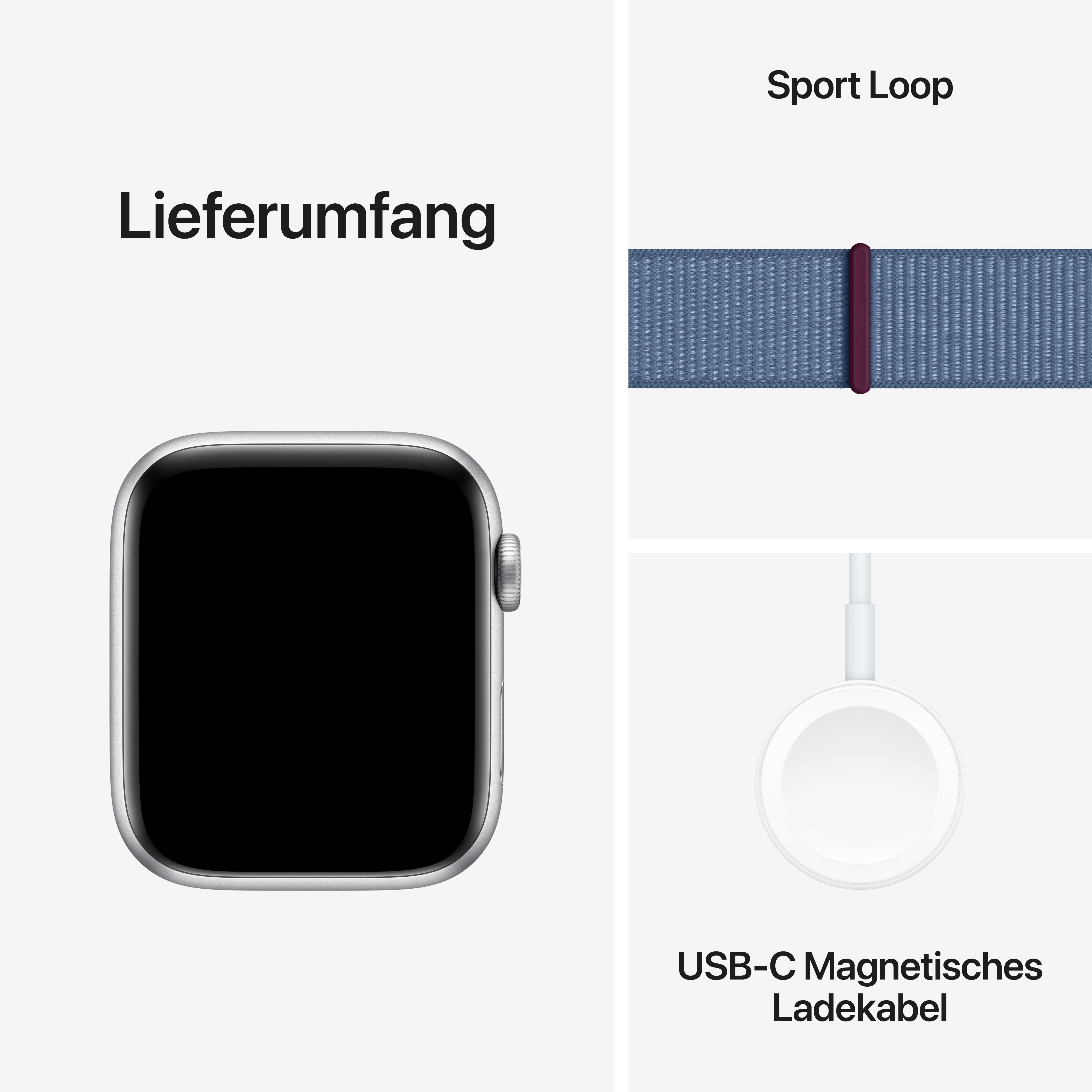 Eine Apple Watch, Sport Loop Band und Ladekabel werden gezeigt.