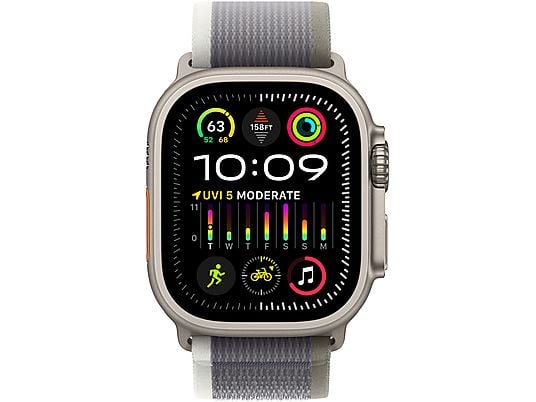 APPLE Ultra 2 (GPS + Cellular, Titan) 49 mm  - Smartwatch (M/L 145-220 mm, Nylongewebe (Carbon Neutral), Titan Natur/Grün/Grau)