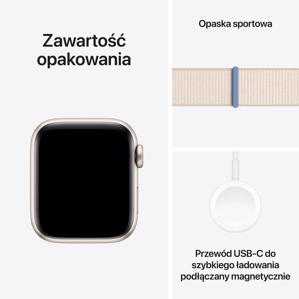 Smartwatch APPLE Watch SE (2 generacji) GPS Koperta 40mm z aluminium w kolorze księżycowej poświaty z opaską sportową w kolorze księżycowej poświa