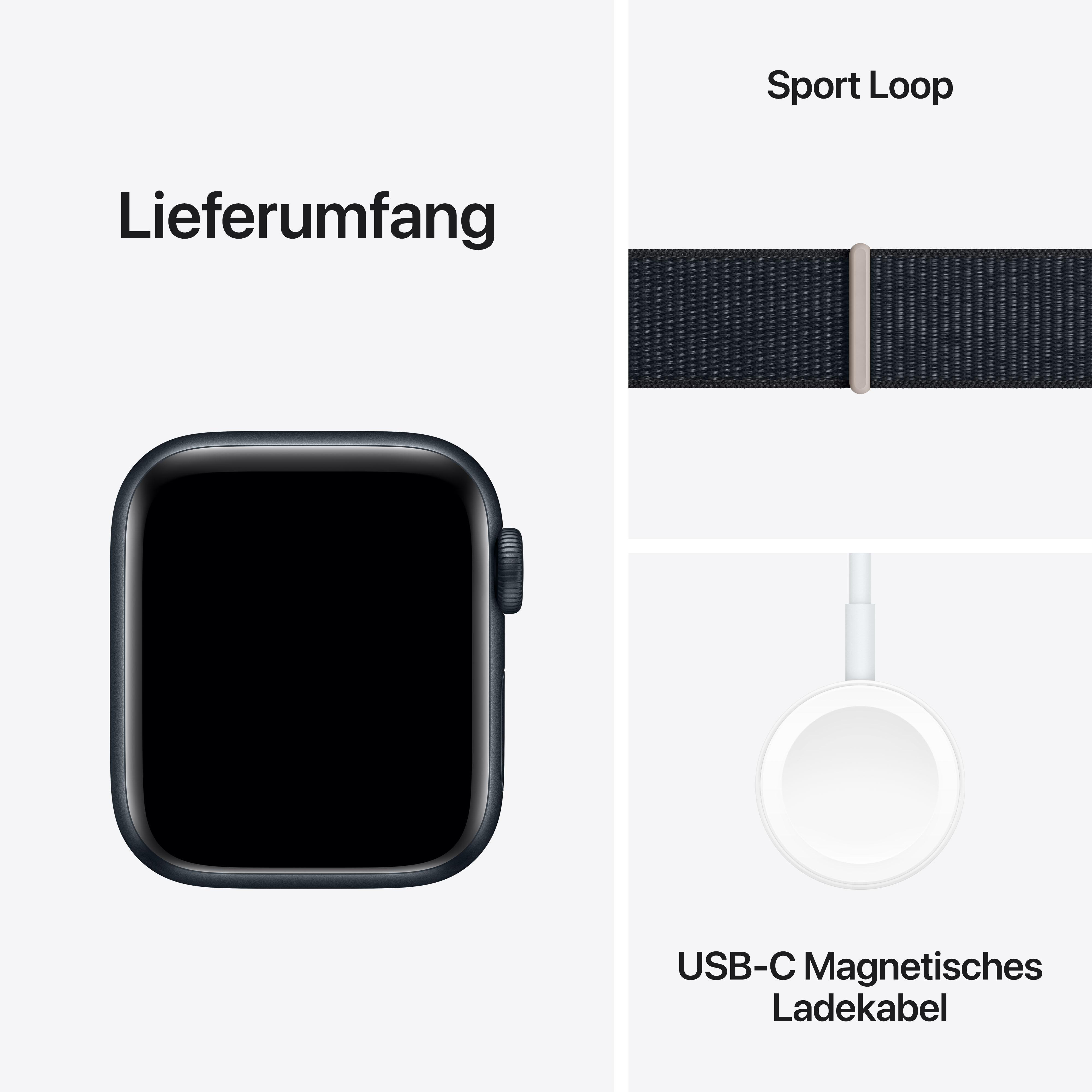 Eine Apple Watch, ein Sport Loop-Armband und ein Ladekabel auf weißem Hintergrund.