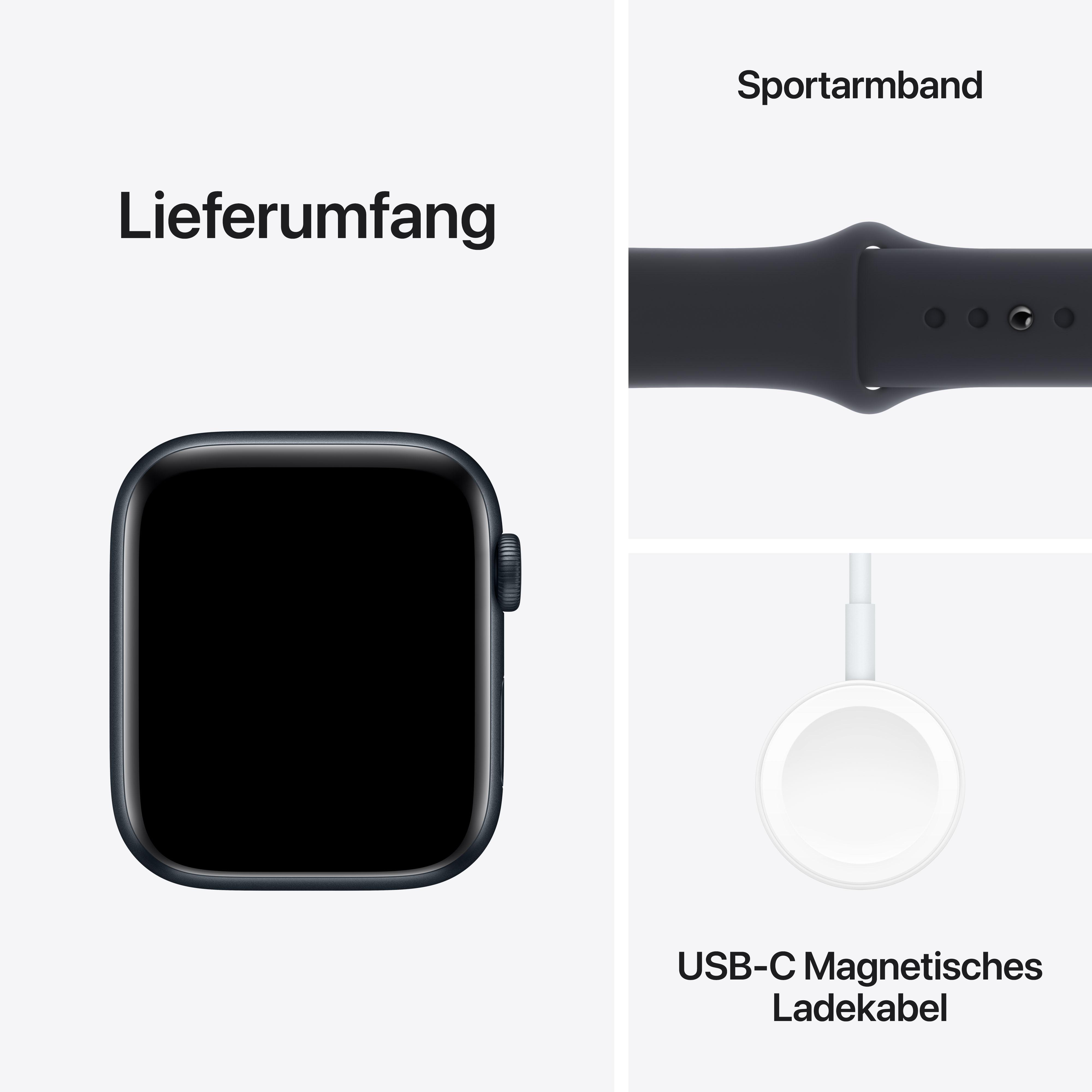 Apple Watch Inhalt: Uhr, Sportarmband und ein USB-C magnetisches Ladekabel. Weißer Hintergrund.