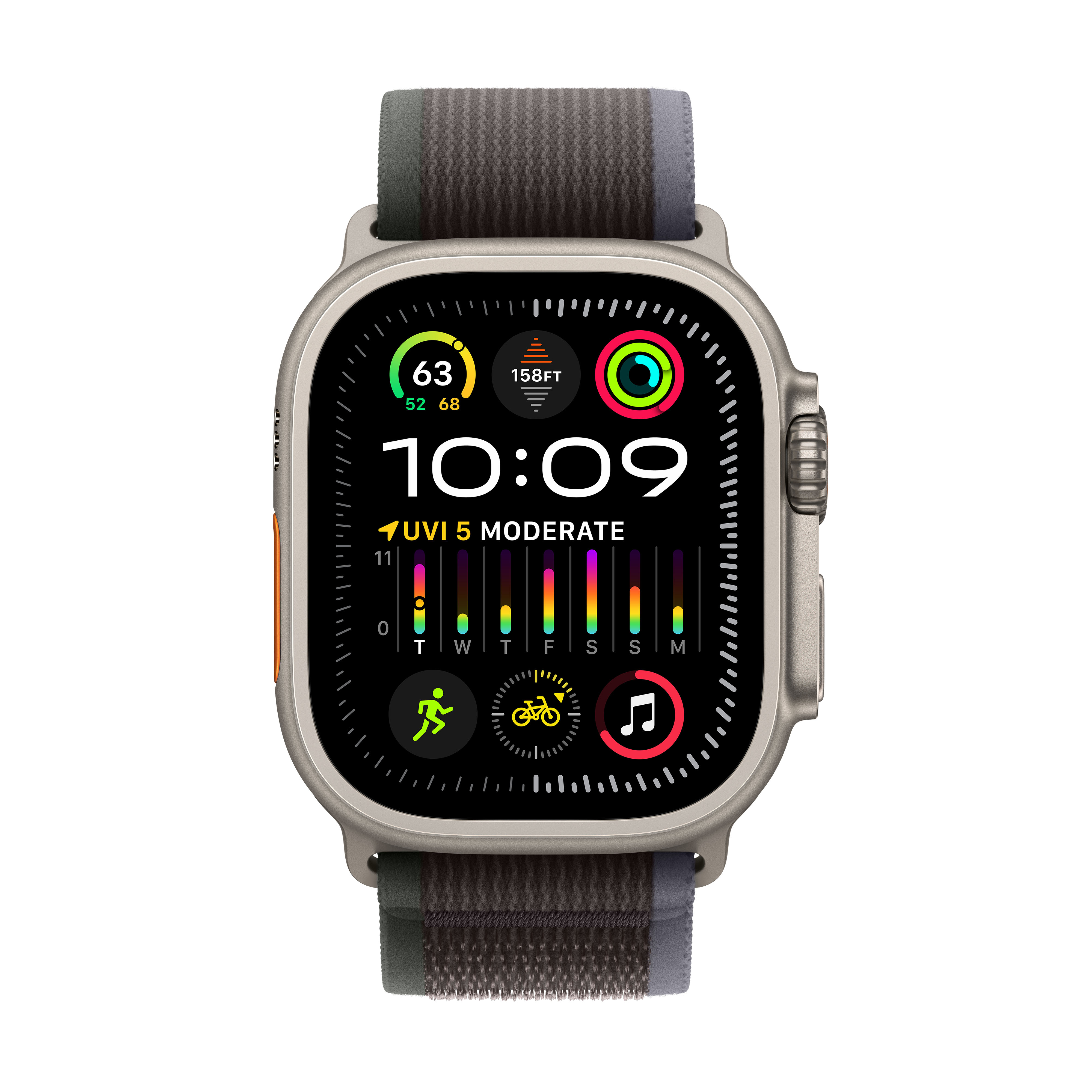APPLE Ultra 2 (GPS + Cellular, Titane) 49 mm  - Smartwatch (S/M 130-180 mm, Tissu Nylon (Carbon Neutral), Titane Naturel/Bleu/Noir)