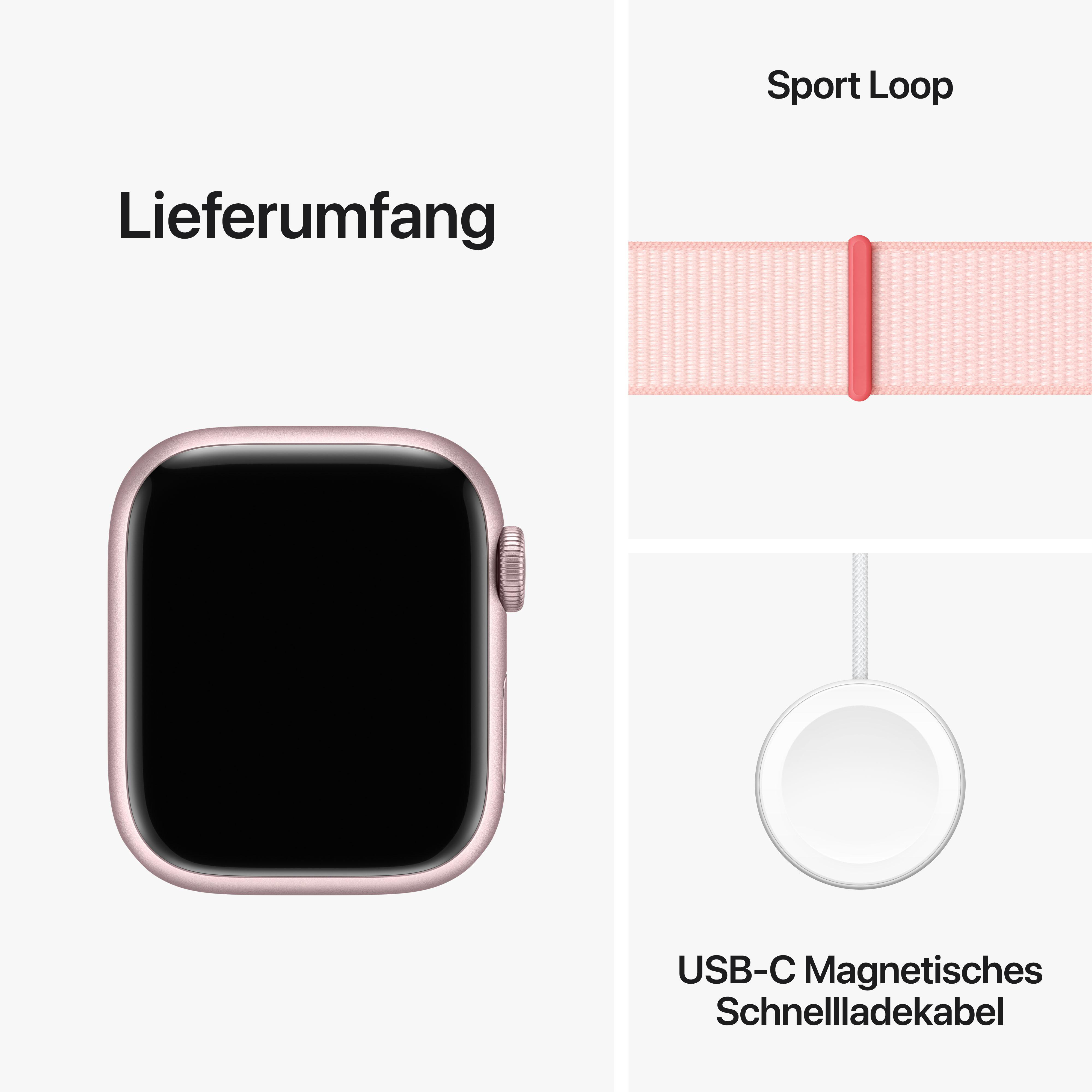 Rosa Apple Watch, rosa Armband und USB-C-Ladegerät.