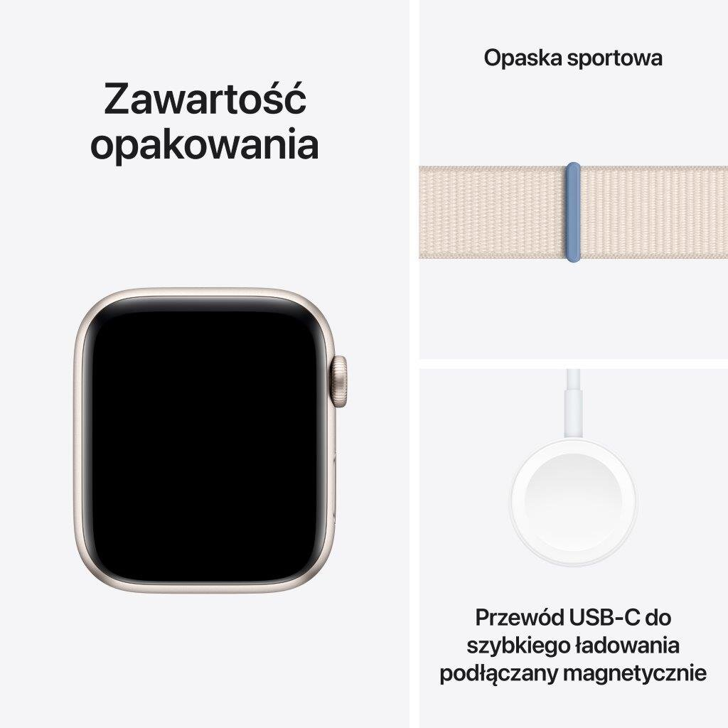 Smartwatch APPLE Watch SE (2 generacji) GPS Koperta 44mm z aluminium w kolorze księżycowej poświaty z opaską sportową w kolorze księżycowej poświa