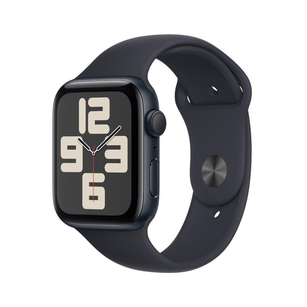 Czarny Apple Watch na białym tle. Wyświetla godzinę: 9:30. Czarny pasek.