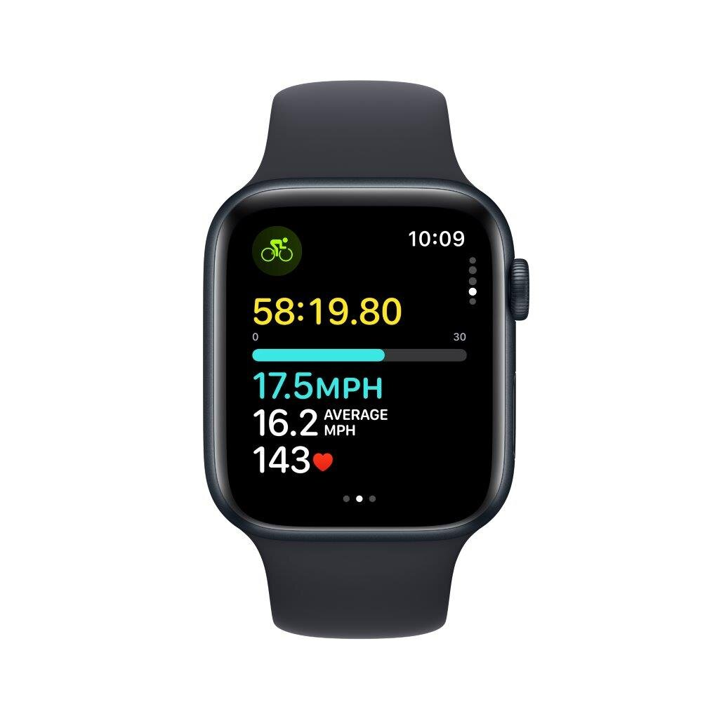 Apple Watch z czarnym paskiem wyświetla dane dotyczące jazdy na rowerze, w tym prędkość, czas i tętno.