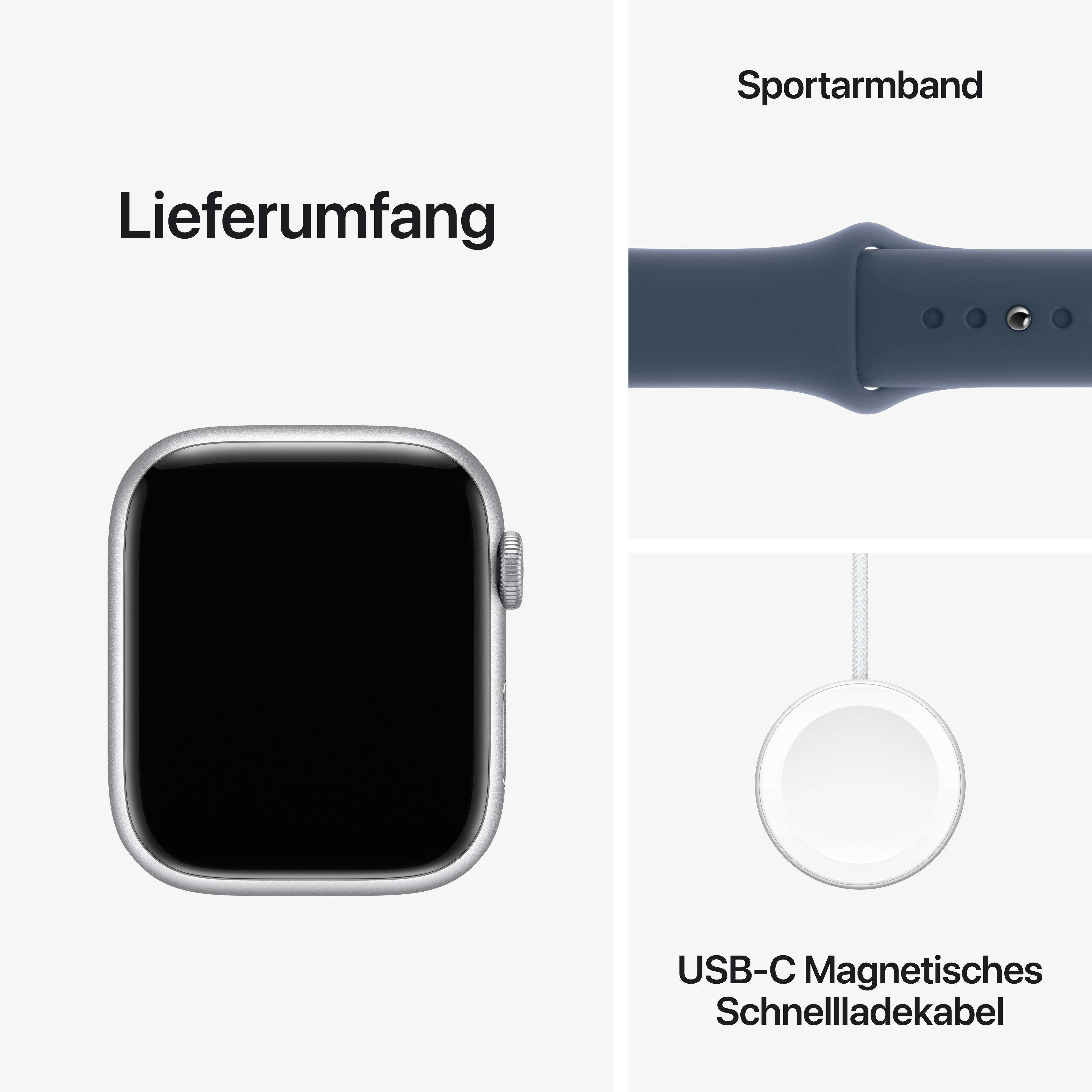 Eine Apple Watch mit blauem Band und einem Ladegerät, die Uhr in der Box zeigend.