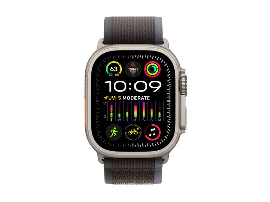 APPLE Ultra 2 (GPS + Cellular, Titan) 49 mm  - Smartwatch (M/L 145-220 mm, Nylongewebe (Carbon Neutral), Titan Natur/Blau/Schwarz)